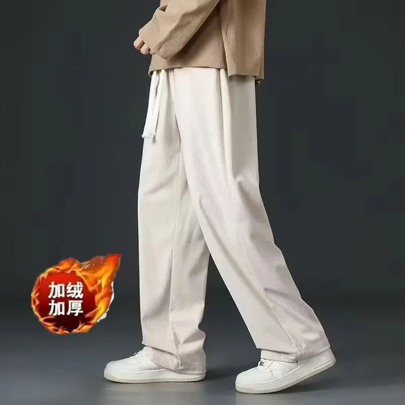 

Autumn Winter Corduroy Wide-leg Pants for Men Drapey Straight Retro Wear-resistant Casual Pants with Velvet