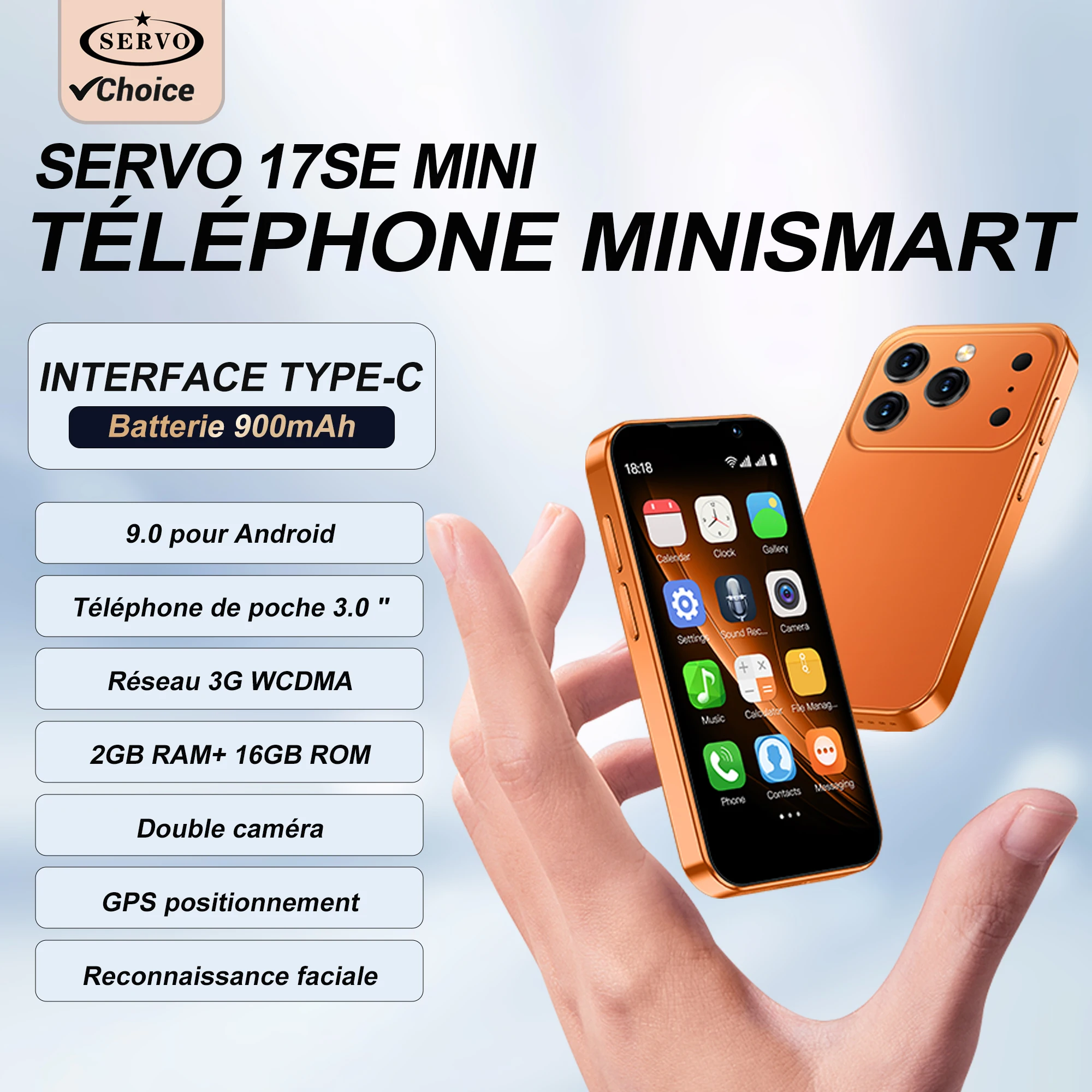 SERVO 17SE MINI 3G Smartphone Android 9.0 Double SIM 2 Go + 16 Go Écran 3,0'' Play Store GPS WiFi Déverrouillage Facial MP3 Petits Téléphones Mobiles