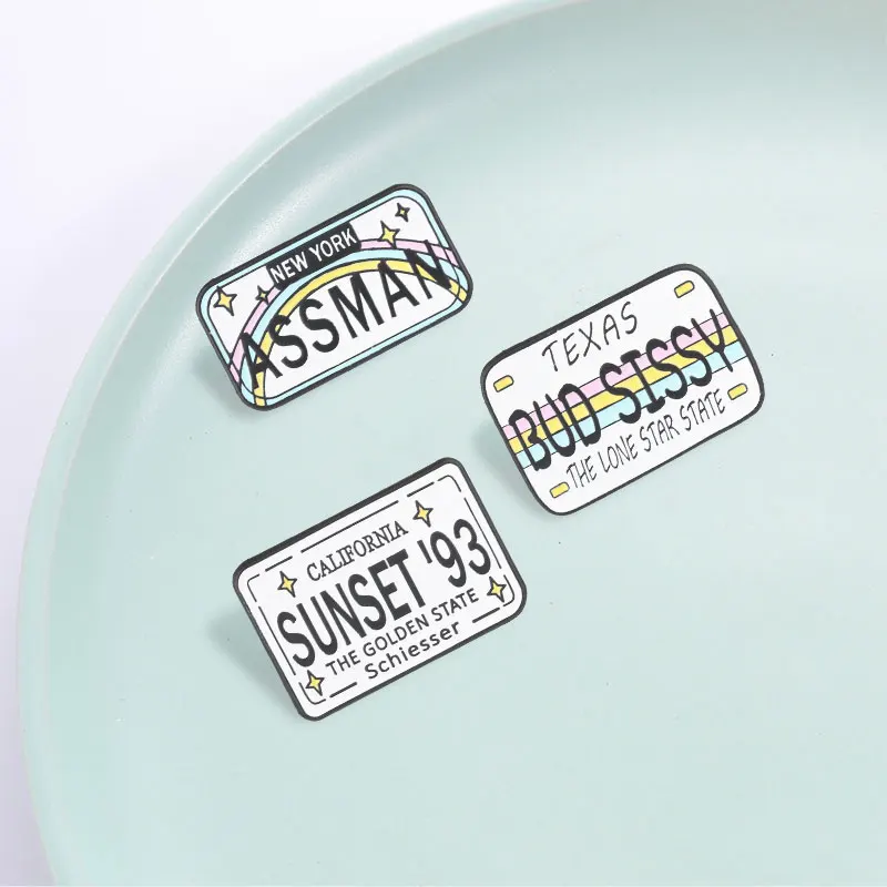 License Plate Enamel Pins Cartoon Rainbow Texas New York Badge California Sunset Lapel Brooches Jewelry Gift For Friends view 3