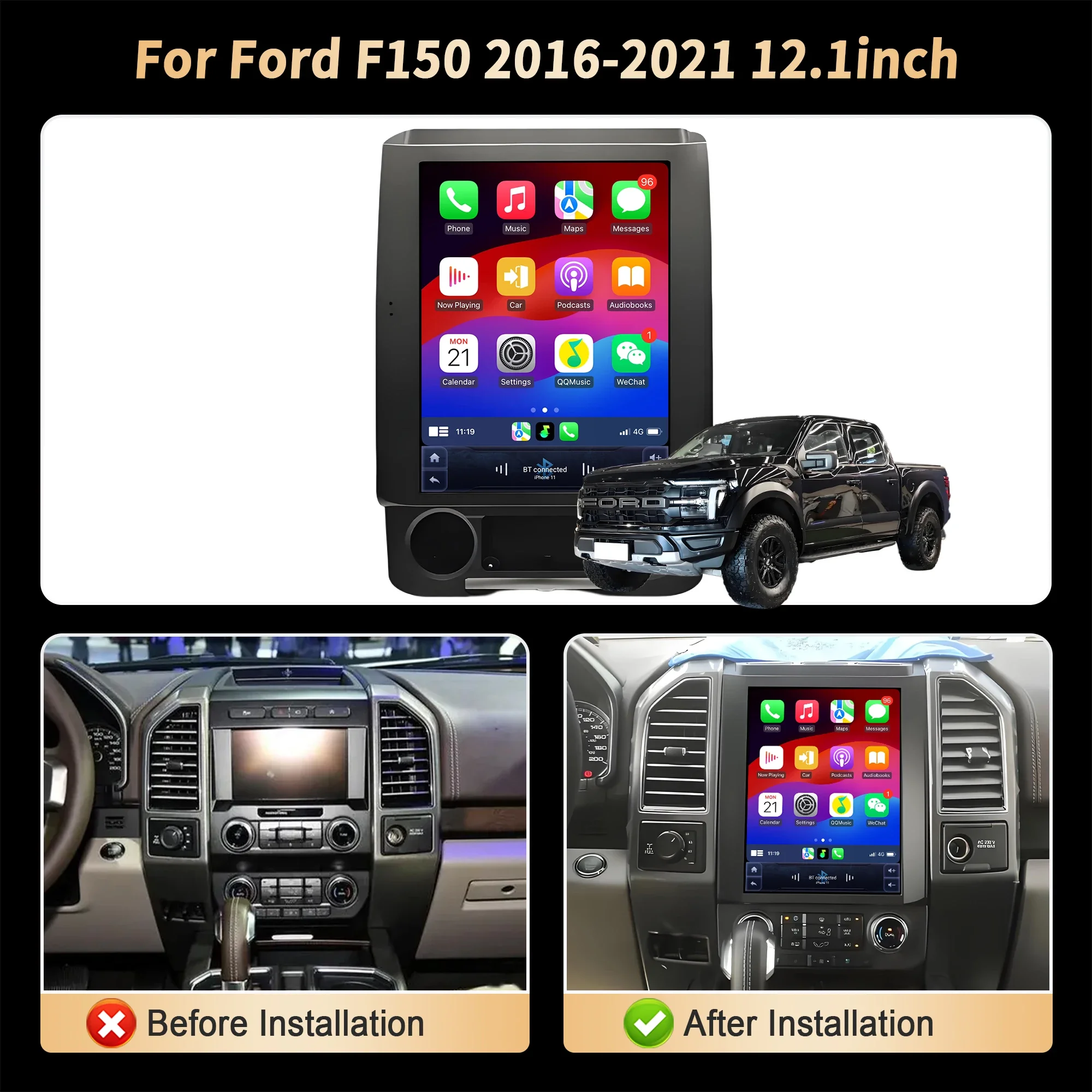 12.1 inch Car Radio Android 14 For Ford F150 2016-2021 4G GPS Wireless Bluetooth CarPlay Head Unit Touch Screen Stereo System
