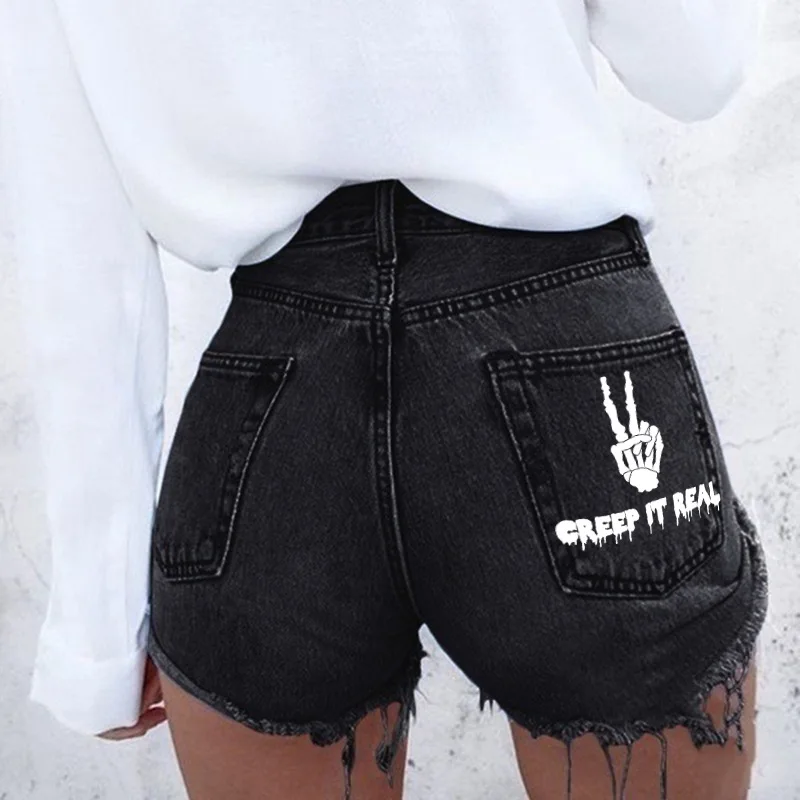 Denim Shorts For Womenladies High Street Personality Printing Punk Raw Edge Summer New Denim Shorts Hot Pants Wholesale