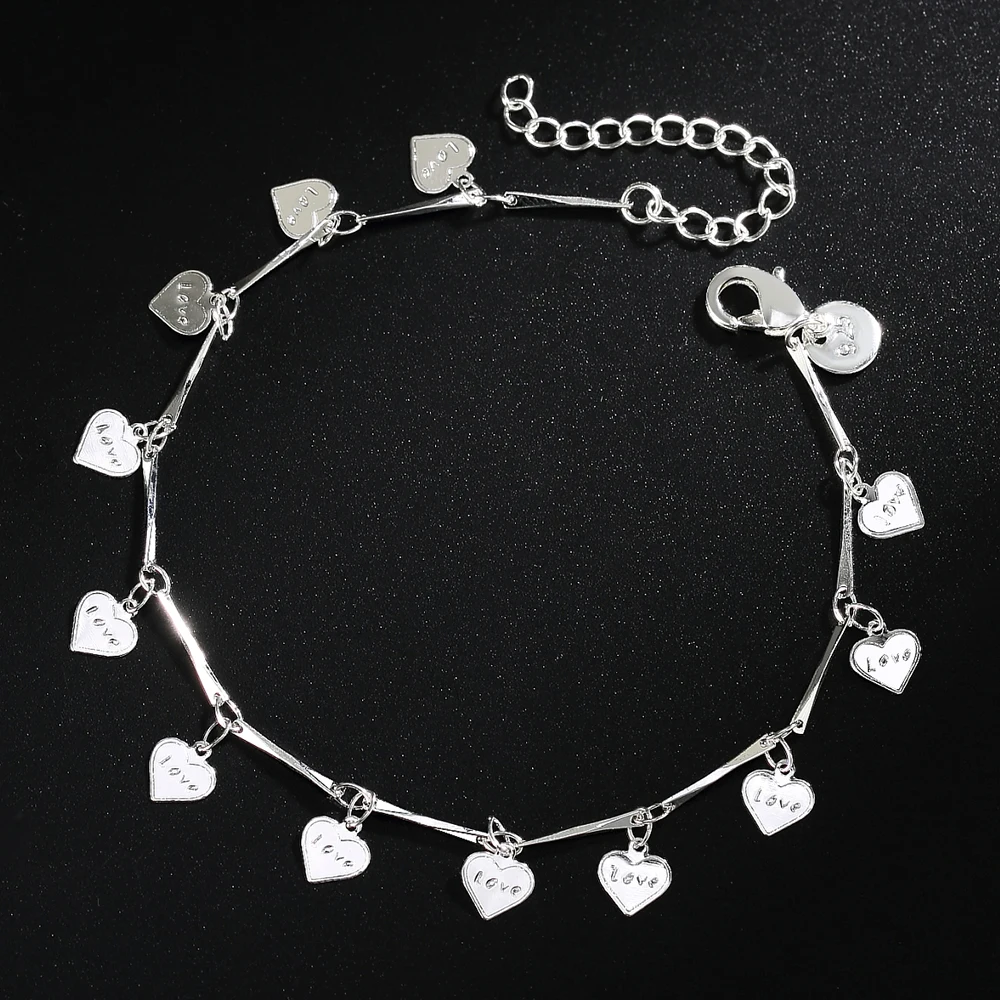 

925 Sterling Silver Chain Japanese and Korean Personalized Fashion Charm Jewelry Couple Heart LOVE Girl Bracelet Feet Chain