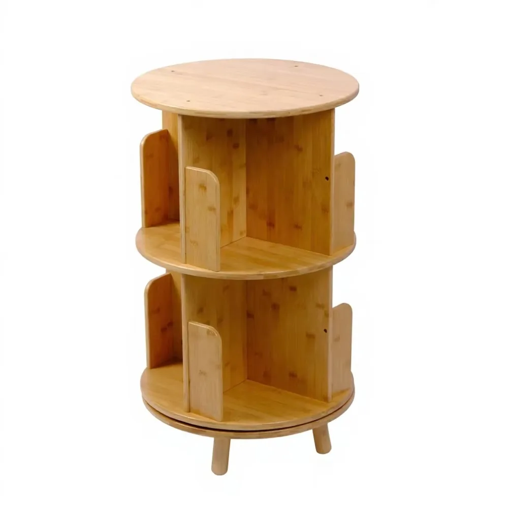 Bamboo 360 Degree Revolving Bookshelf 2 Tier Rotating Floor Standing Bookcase Round Space Saving Storage for Home Office