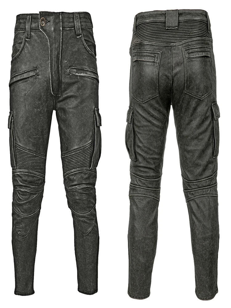 Vintage Grey Black Motorcycle Leather Trousers Men Pant Thick Natural Cowhide Men's Motor Biker Racer Pants Asian Size