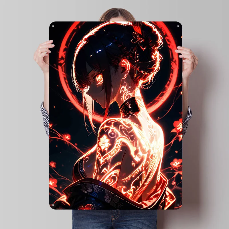 Anime-Mädchen mit Leuchtenden Tattoos und Kimono Blechschild Poster Individualisiertes Retro Wandkunst Vintage Metallschild für Zimmer und Zuhause