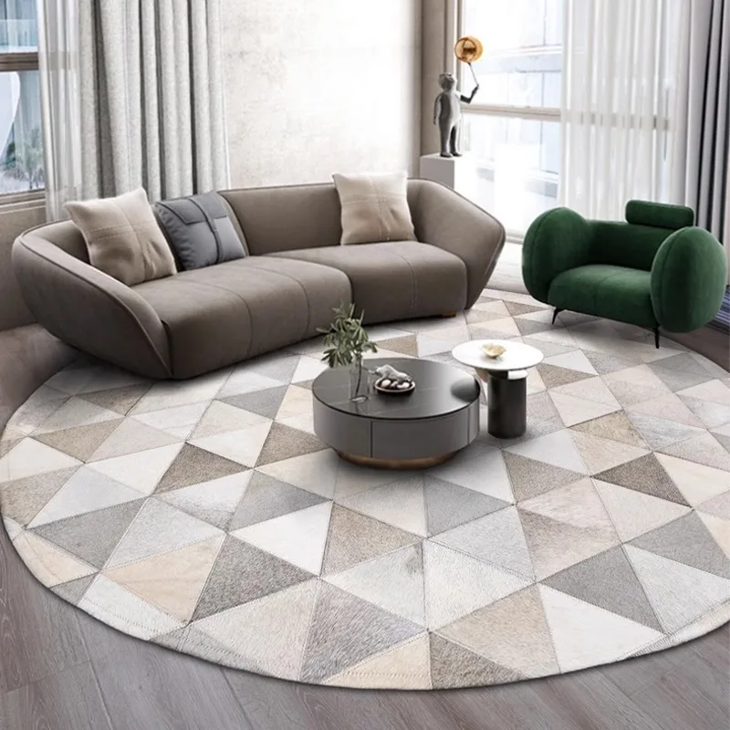 Round Natural Cowhide Patchwork Rug Living Room Customize Any Size Real Cow Skin Calfskin Round Carpet Bedroom Modern Luxury Mat