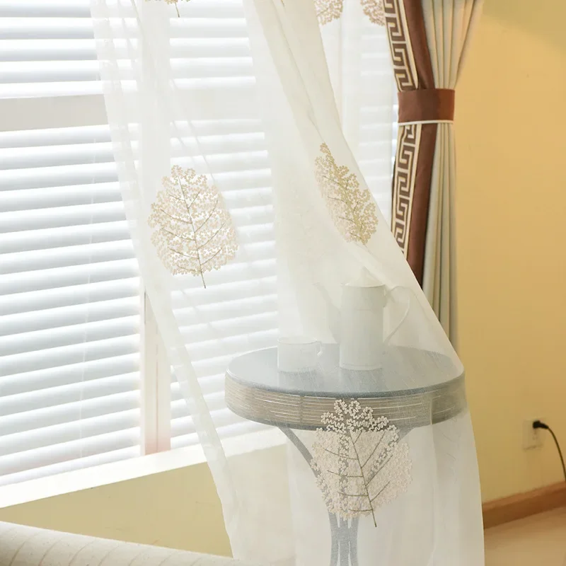 Fashion New Chinese Style  Grain Linen Blackout Curtains for Living Room and Bedroom Bay Window Blackout Curtains White Tulle