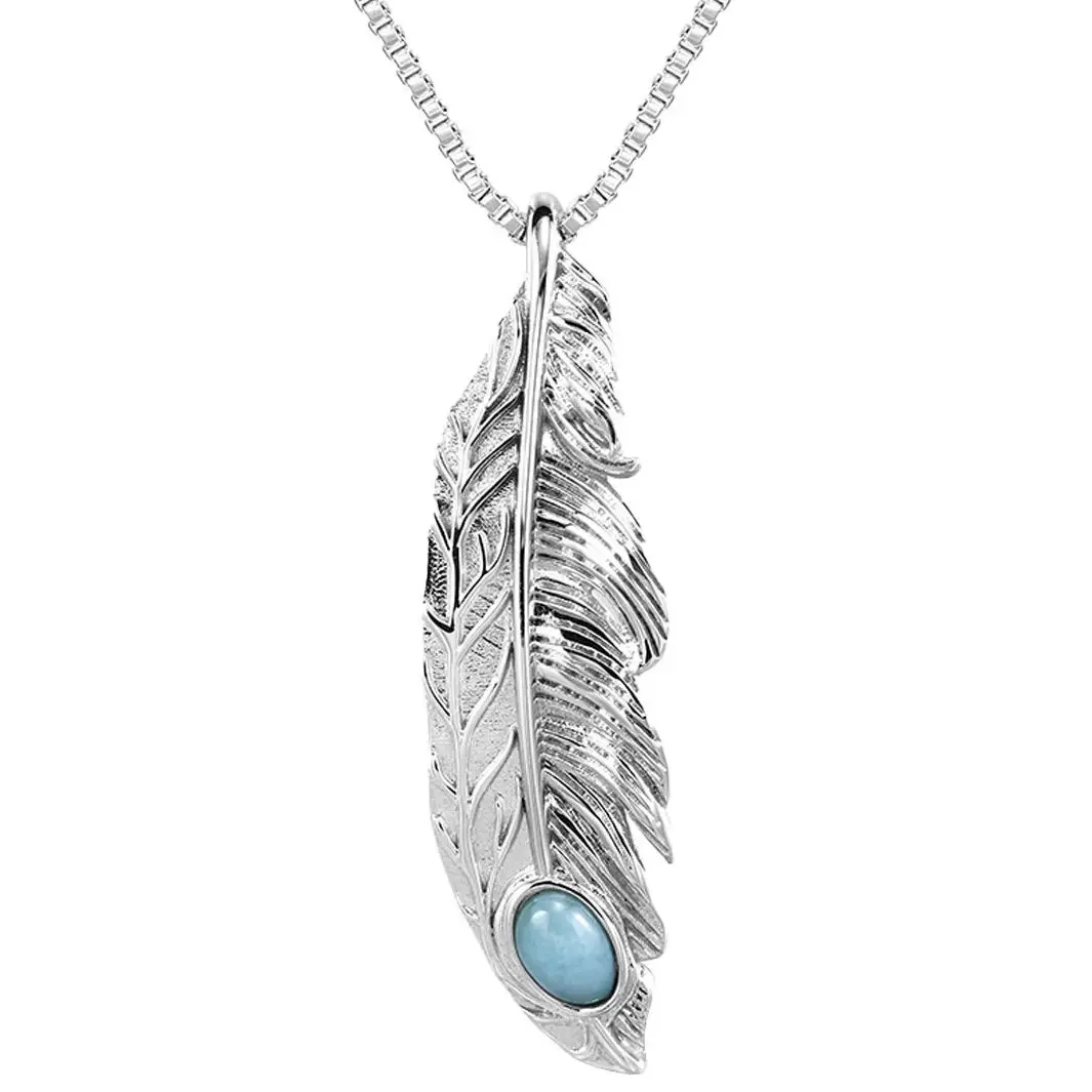 

JieLing Bohemian Silver Feather Pendant Necklace with Larimar Stone Seafoam Elegant Jewelry Gift for Women