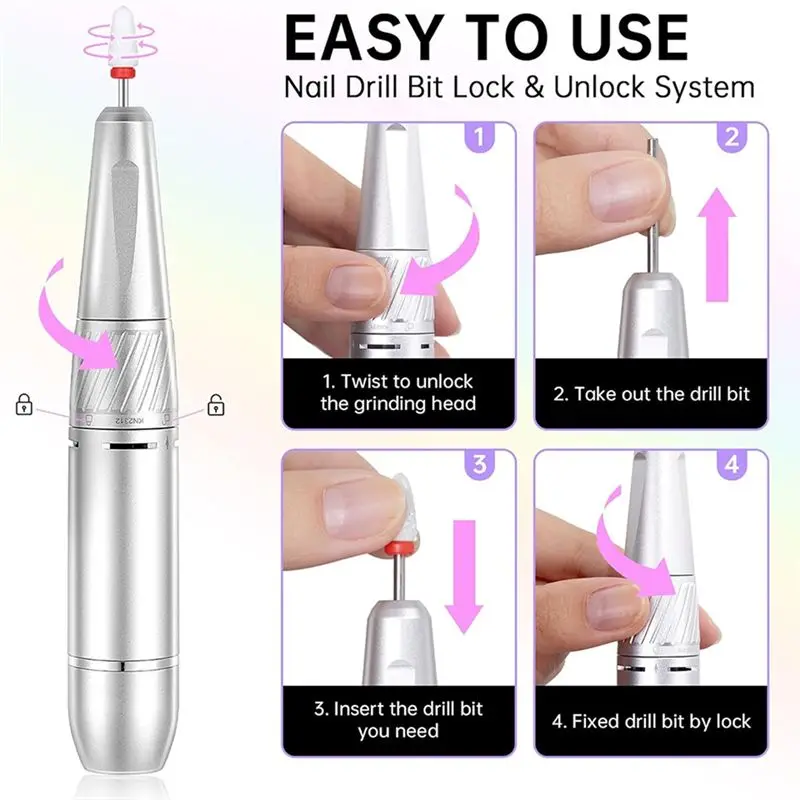 AEE4-Cordless Electric Nail Drill Machine For Rechargeable Portable HD Display 35000 RPM Acrylic Drill