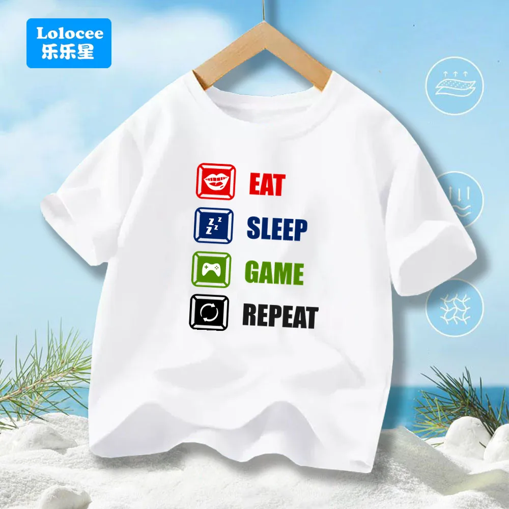Eat Sleep Game T-Shirt For Boy Funny Gamer Gaming Christmas Birthday Gift Crew Neck Cotton Tshirt Printed Kids Tees YX02