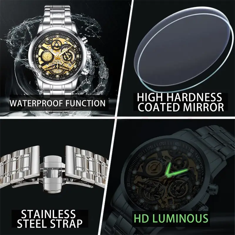 SKMEI, nuevos relojes de pulsera de lujo con tira de acero inoxidable para hombres, diseño de moda, relojes con movimiento de cuarzo, reloj impermeable de ocio 3Bar