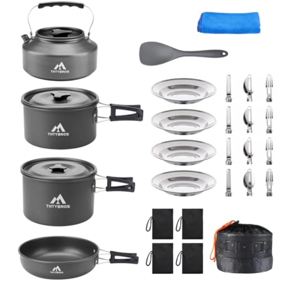 

27pcs Portable Camping Cookware Set for 2-4 People Including Kettle Pots Pans Stainless Steel Utensils Plates and Dishware Idea