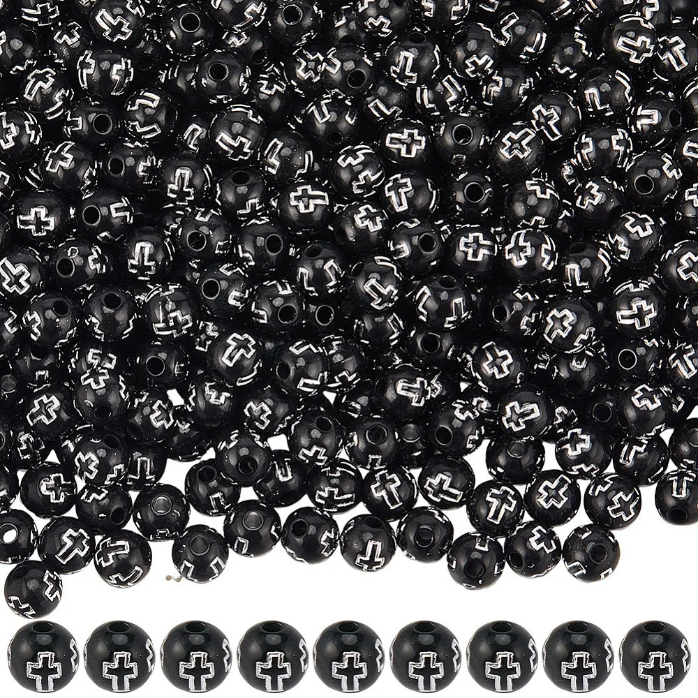 500Pcs Round Spacer Beads 8mm Acrylic Bead Silver Easter Crosses Crucifix Pattern Holy Black Ball Shaped Loose Spacers