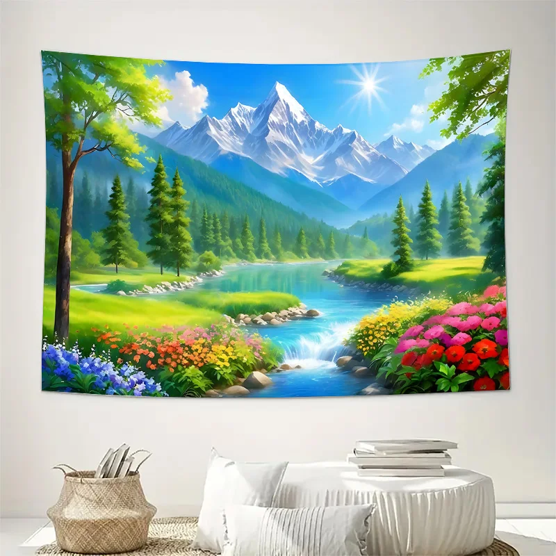 Cartoon Mountain River Flower Garden Wall Tapestry Machine Washable All Season Decor Art Print Nature Design Home Bedroom