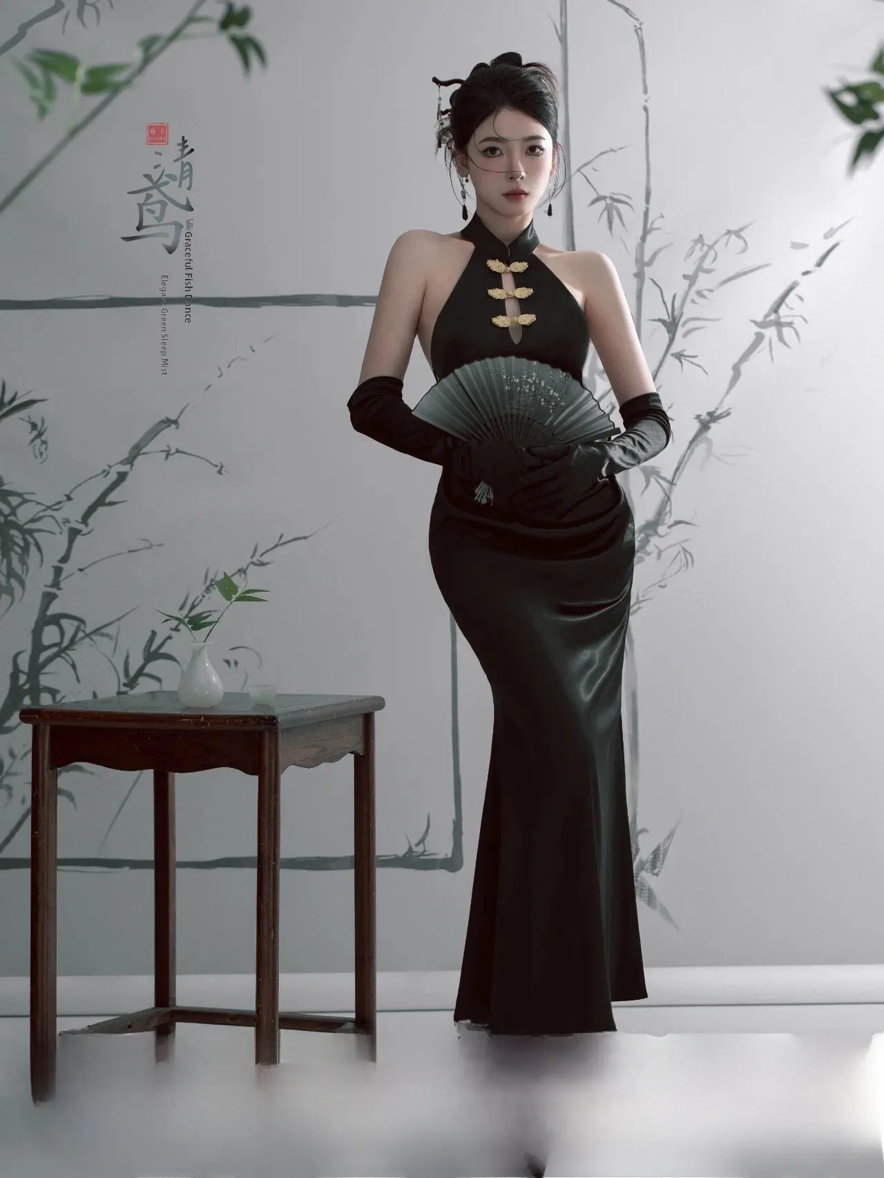 

New 2026 Chinese Style Fashionable Retro Black Qipao Fish Tail Gown High-End Feel Photography Art Shot Studio Lighting