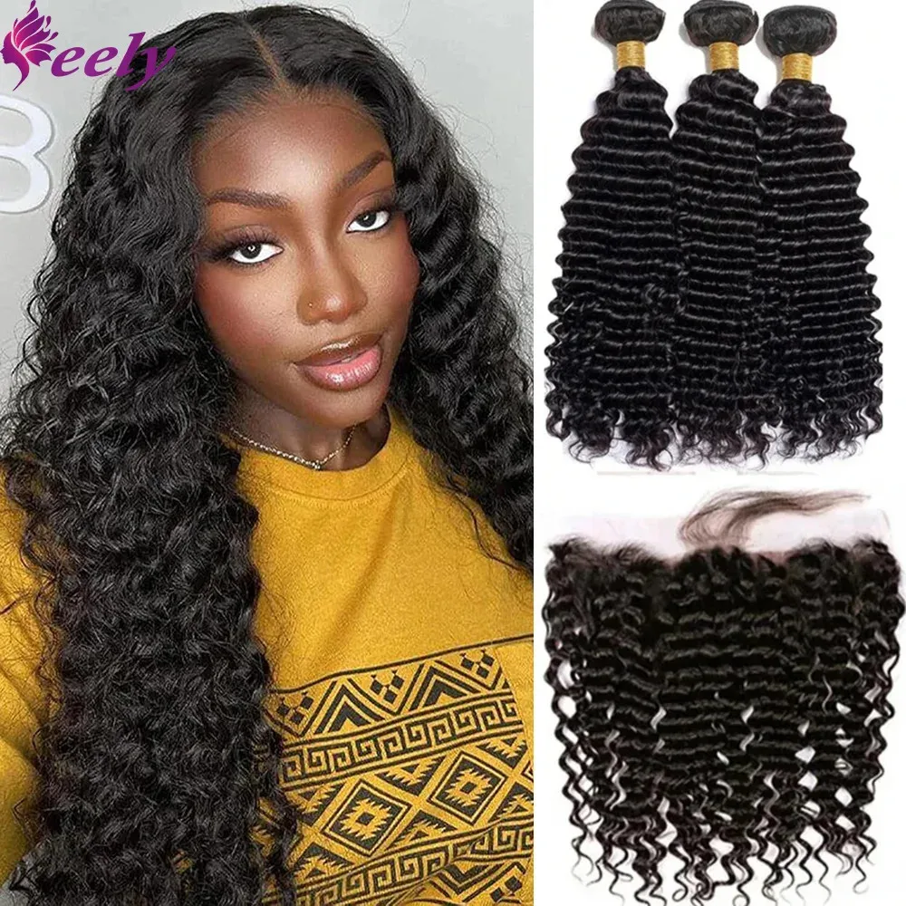 Deep Wave Bundles With Frontal Natural Black Curly Human Hair Bundles With Frontal 13x4 Lace Brazilian Real Hair For Black Women