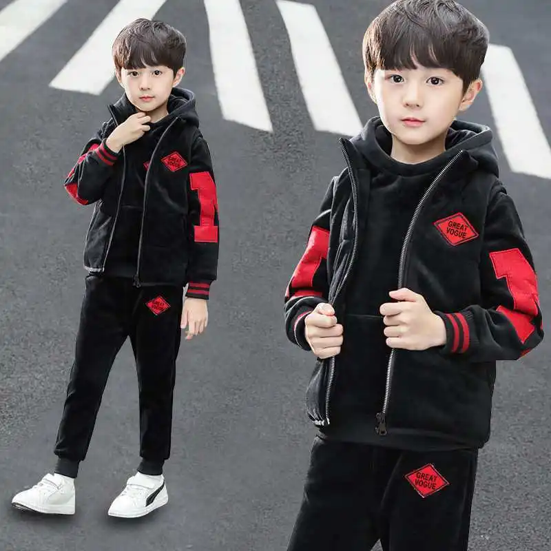 2024 autumn winter Boys tracksuit Teenager Clothes velvet zipper vest jacket + hooded + Pant Children set Kids 8 9 10 11 12 year