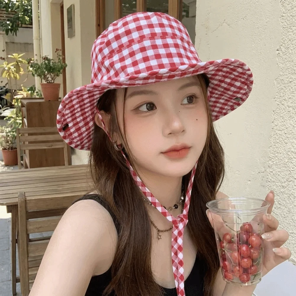 Fashion Lattice Y2k Fishmen Hat Japanese Solid Color Bucket Hat All-match Waterproof Wide Brim Sun Hat Travel
