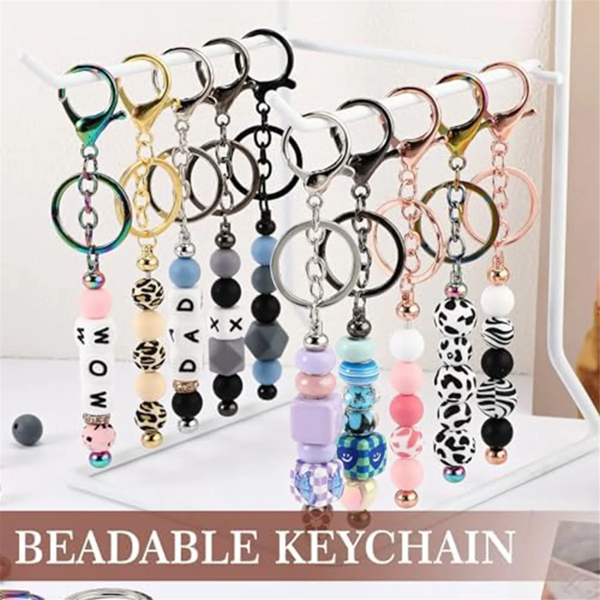 24Pcs Beaded Keychains Bulk Beads DIY Blank Keychains Metal Beaded Keychains for Beaded Keychain Crafts A