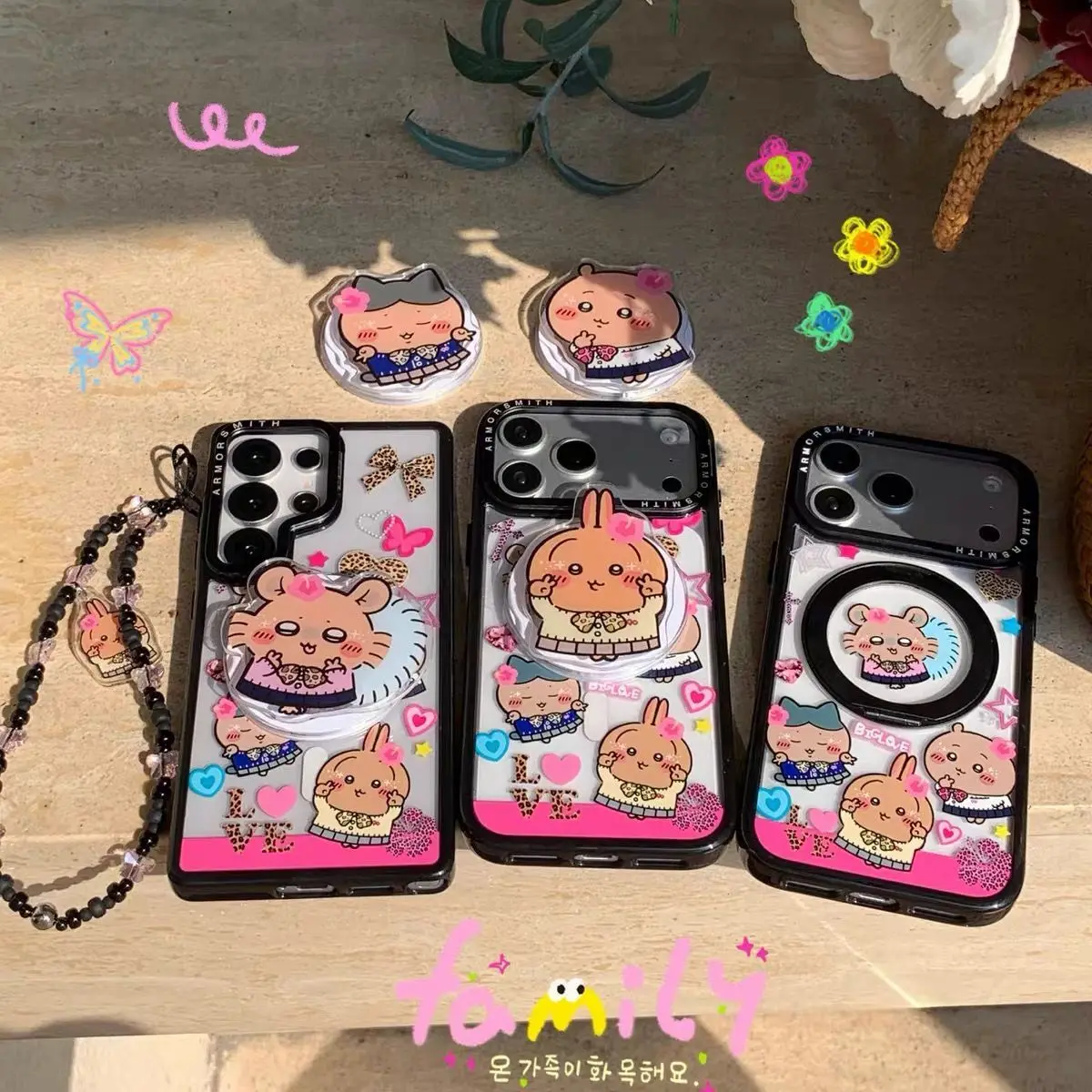 日本のちいかわモモンガハワイ黒肌シリーズスマホケース-iphone-17promax用-かわいいハチワレうさぎ-マグネット式吸着ブラケット