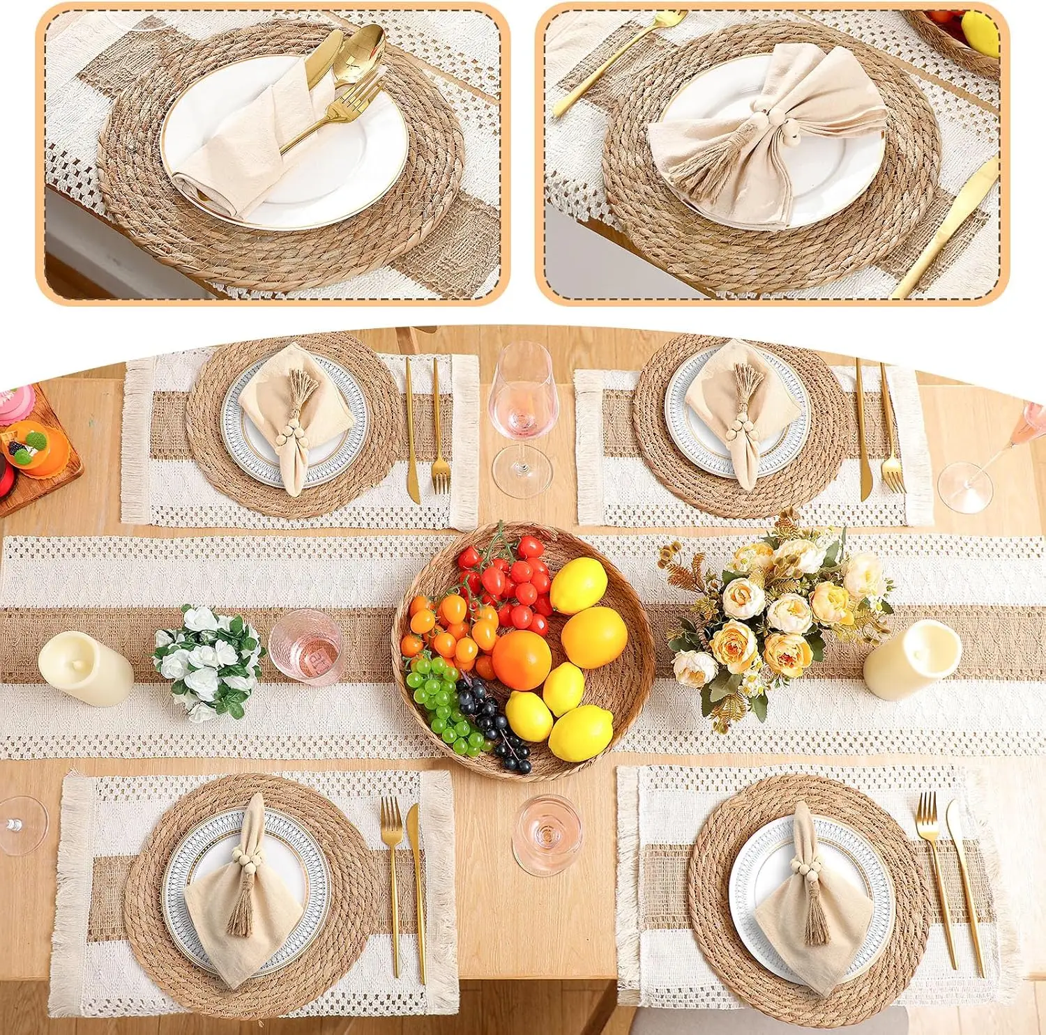 6Pcs Boho Placemat Set: Round Woven, Cloth Napkins, Wood Bead Rings, Long Table Runner, Khaki view 5