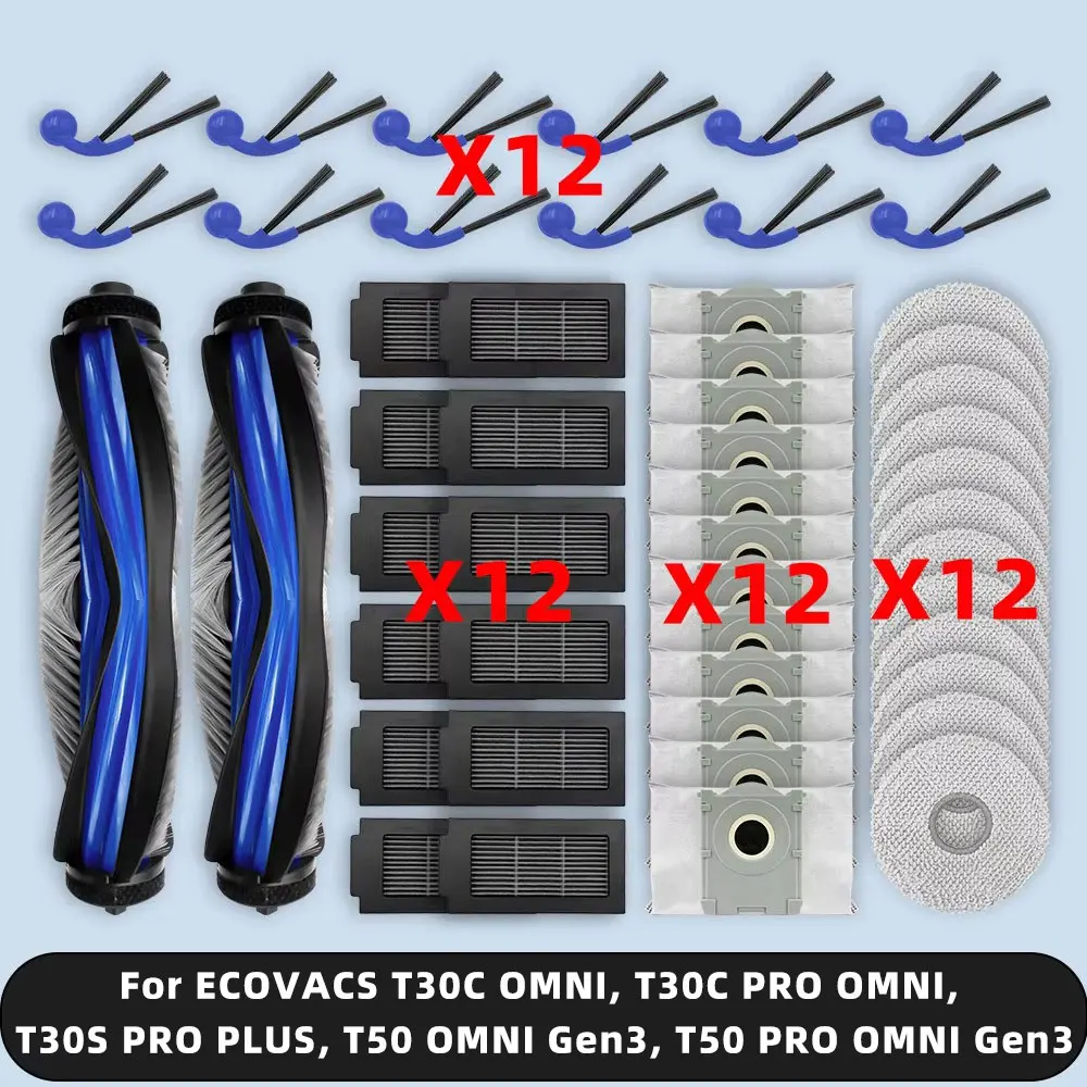 Kompatibel für ( ECOVACS T30C OMNI, T30C PRO OMNI, T30S PRO PLUS, T50 OMNI Gen3, T50 PRO OMNI Gen3 ) Ersatzteile Zubehör Hauptseitenbürste Hepa-Filter Staubbeutel Mopptuch