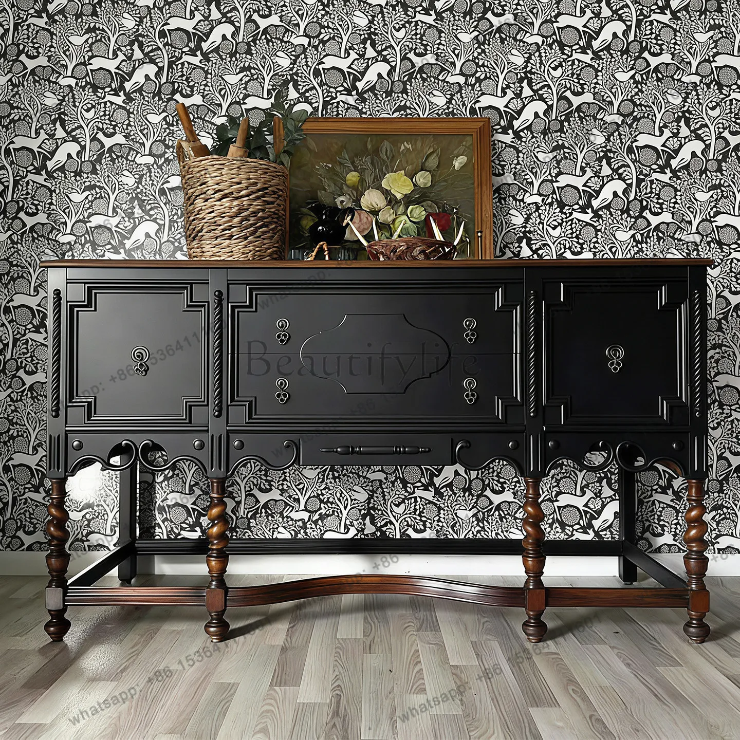 

American vintage solid wood entryway cabinet black carved multi-drawer sideside storage cabinet
