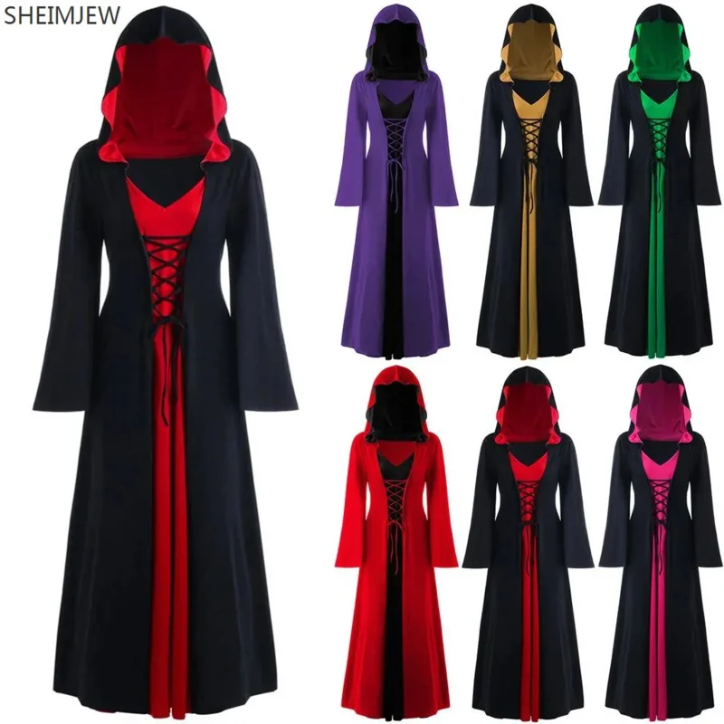 

Retro cosplay Halloween scary vampire witch long dress Gothic dress for women lace-up vintage hooded robe adult costume