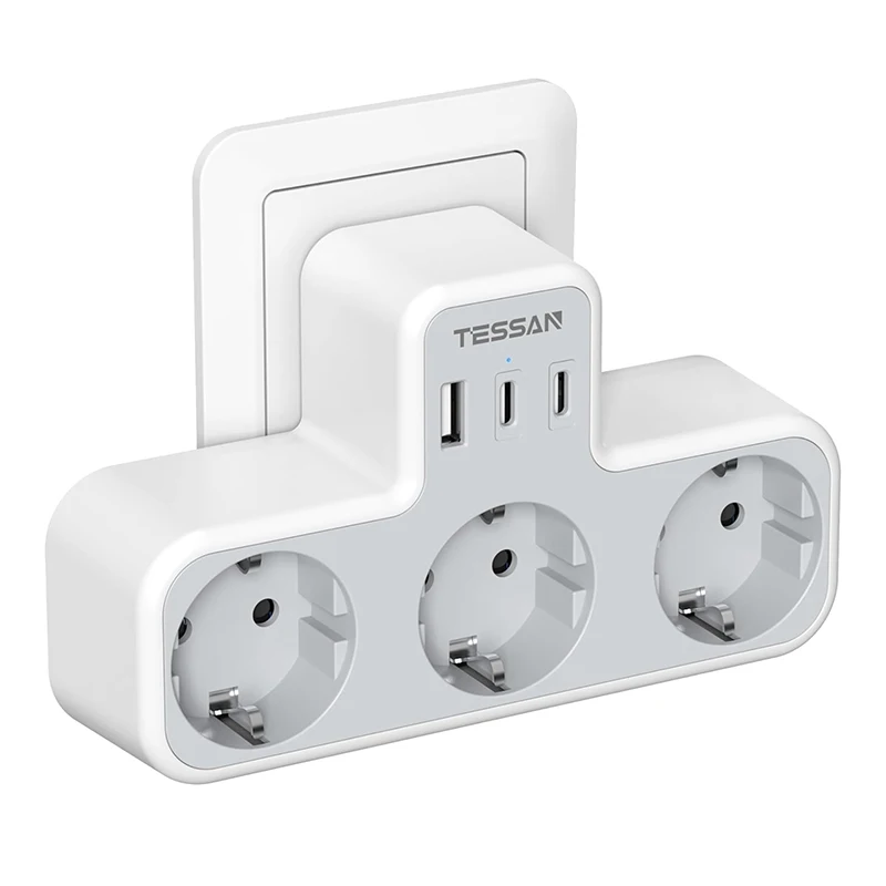 TESSAN USB-wandcontactdoos 6-in-1 stekkerdoos met 3 Schuko-aansluitingen, 2 USB-A poorten en 1 Type-C poort, meerdere stekkeradapter voor thuisgebruik