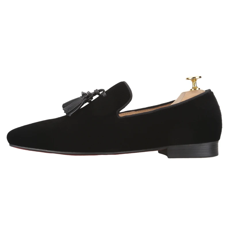 Piergitar Summer New Black Velvet Belgian Loafers With Leather And Spikes Tassel Design CL Same Style Red Sole Men Slip-On Shoes
