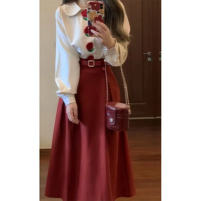 Women's Clothing Solid Vintage Skirt Spring Summer Chic Sashes Loose A-LINE Long Skirt