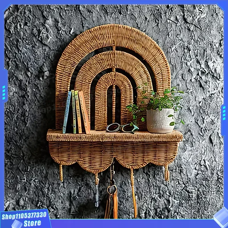 Handwoven Rattan Wall Hanging Shelf for Keys and Succulents Decorative Rack for Children Room Balcony Plant Display Storage