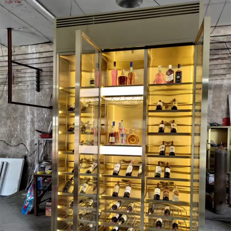 custom.modern luxury wine storage cabinets display rack wall stainless steel glass wine cellar for restaurant with led light