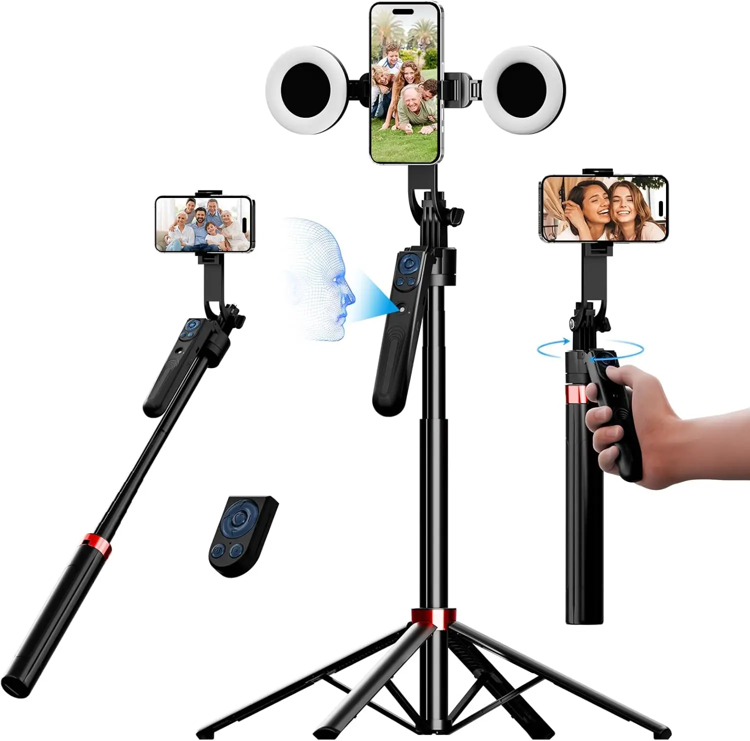 

70" Auto Face Tracking Tripod for iPhone, 360 Rotation Travel Selfie Stick Mount with Remote, Gesture Control and Fill L