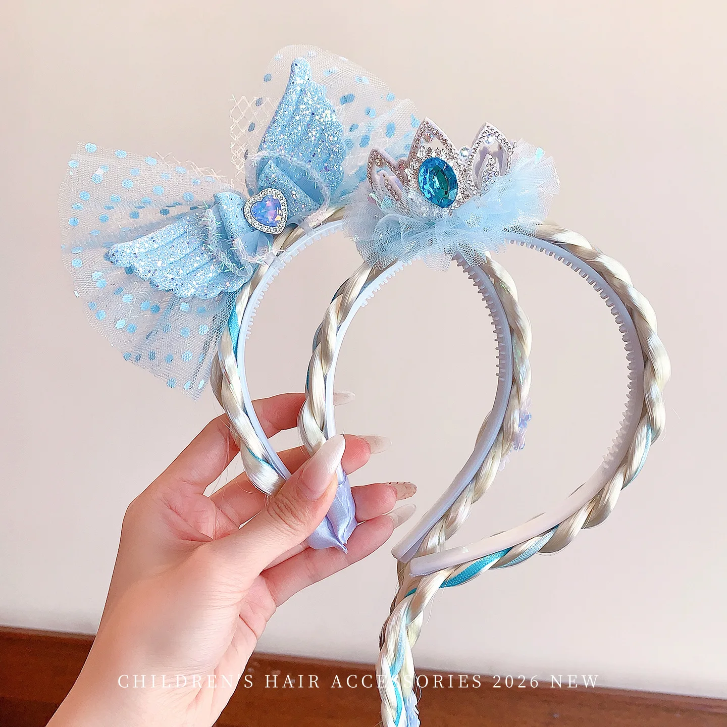 

2026 New Ice Princess Crown Headbands with Braided Wig Rhinestone Mesh Bow Anti-slip No Hurt Head for Baby Girls Birthday Party