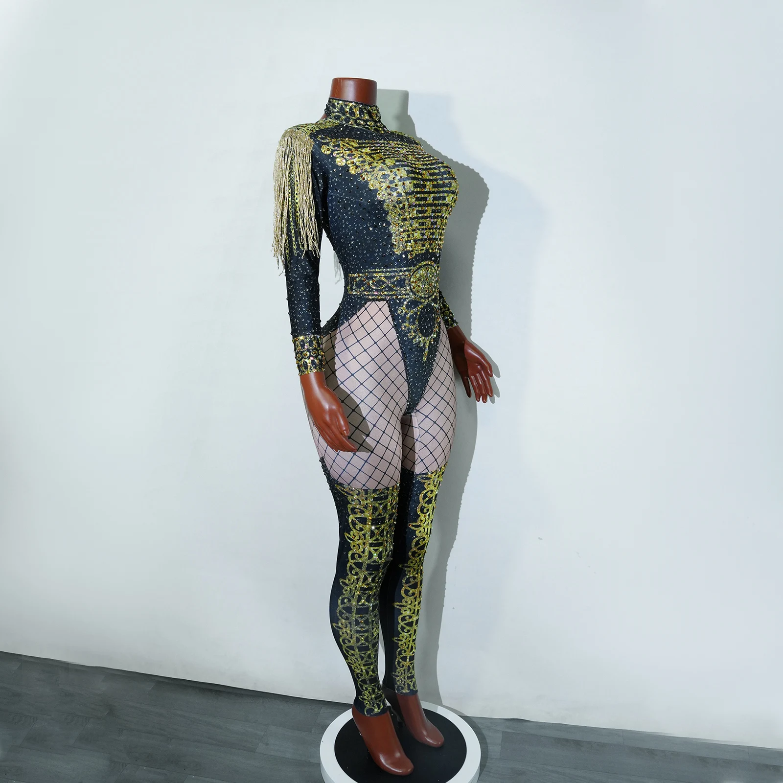 sexy strass scintillanti frange oro body tuta pole dance cantante discoteca performance sul palco costume drag queen abbigliamento