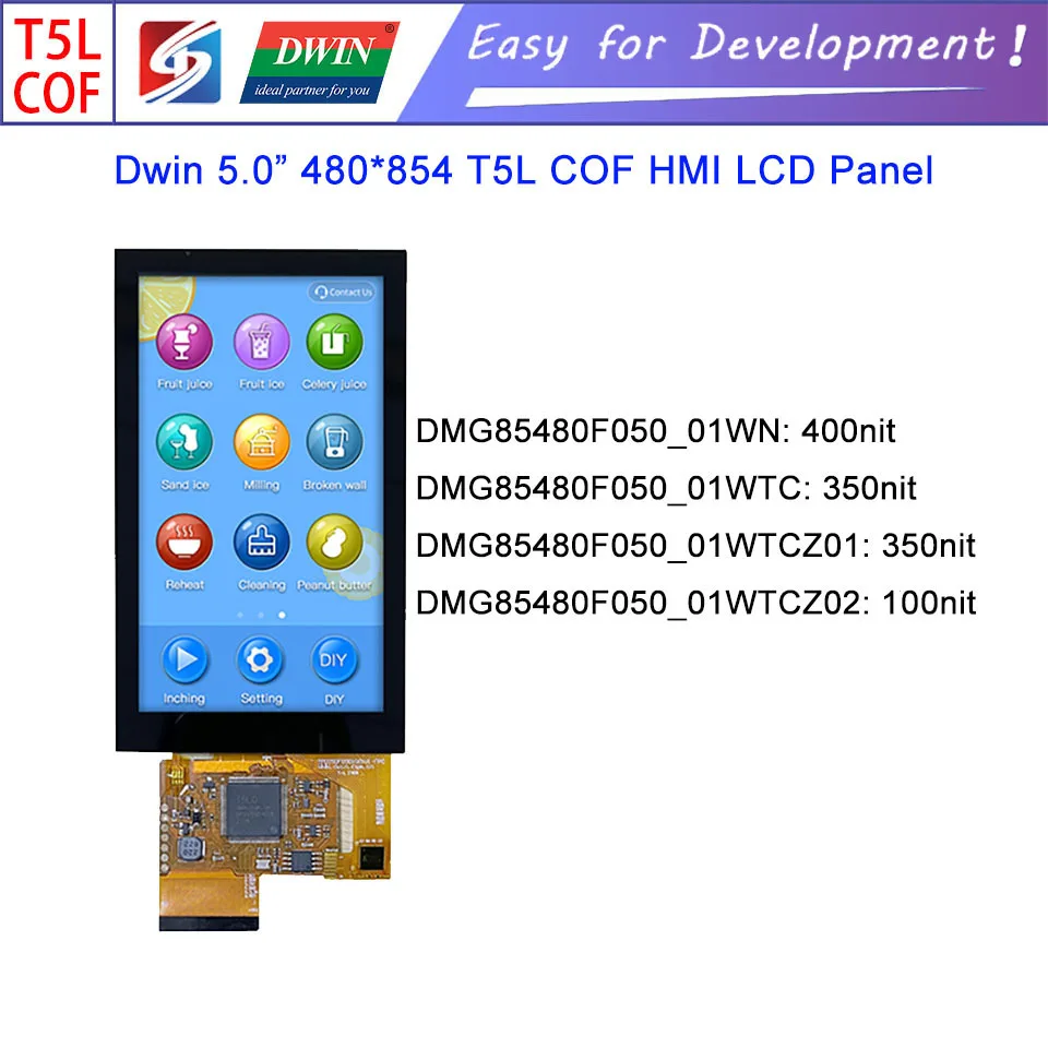 

Dwin T5L HMI Intelligent Display, DMG85480F050_01W 5.0" 854X480 COF UART IPS LCD Module Screen Capacitive Touch Panel