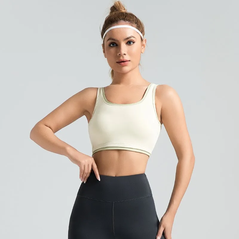 Feminino High Elasticity Sports Bra, Built In Peito Pad, Color Block Edge, Roupa Interior para jogging e lazer, Yoga Fitness, Feminino, 2022