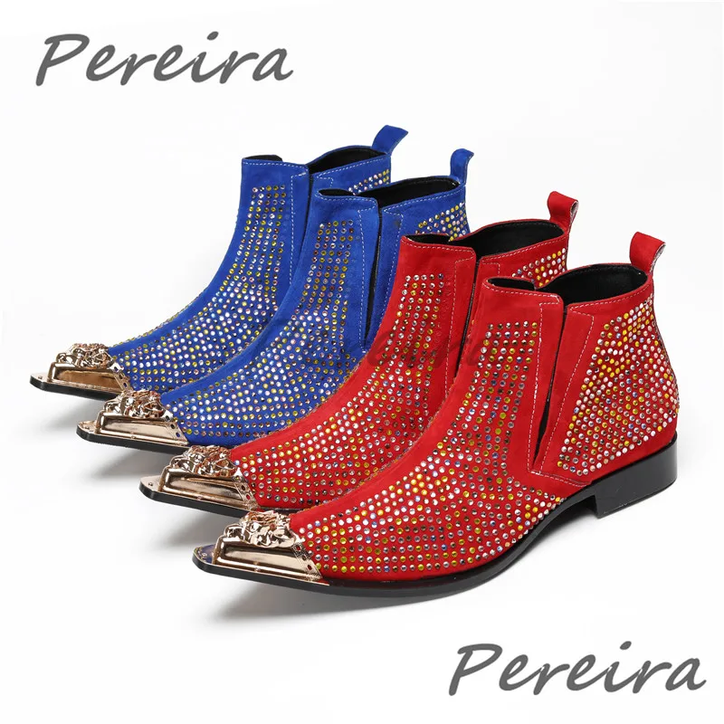 

Metal Pointy Toe Men's Chelsea Boots Bling Bling Rhinestone Low Heel Ankle Boots Red Blue Suede Leather Fashion Party Club Shoes