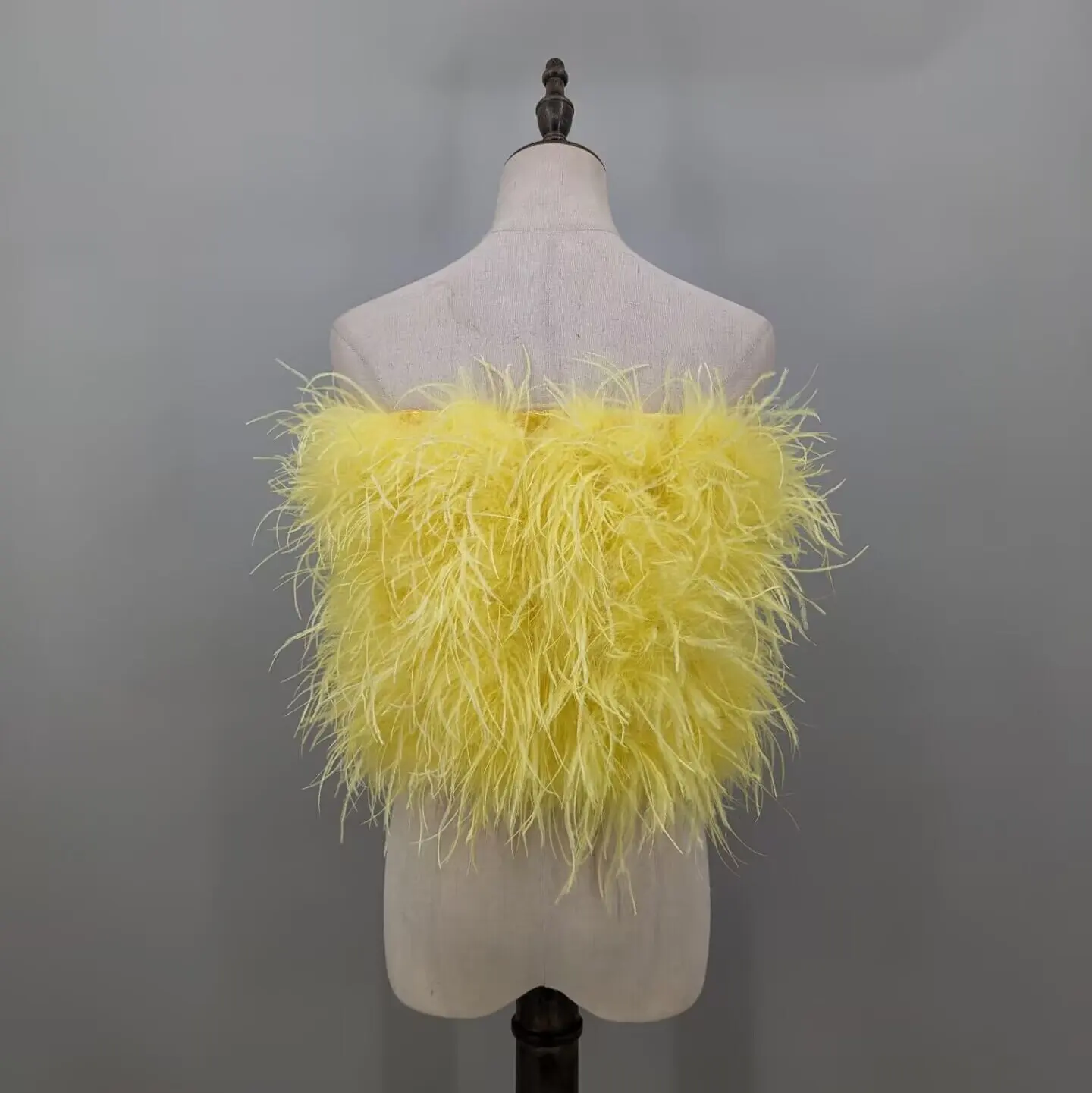 Women Yellow Real Ostrich Feather Strapless Tube Top Off Shoulder Fluffy Crop Bustier Wedding Party Banquet Club Top 21A0701