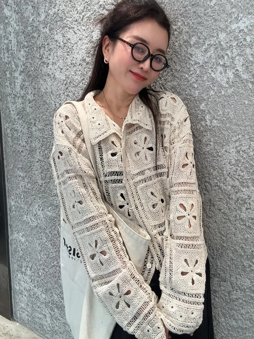 

2025 Autumn New Faionable Korean Sle Long Sve Knitted Hooked Flower Women's Top Collar All-Match Upper Apparel