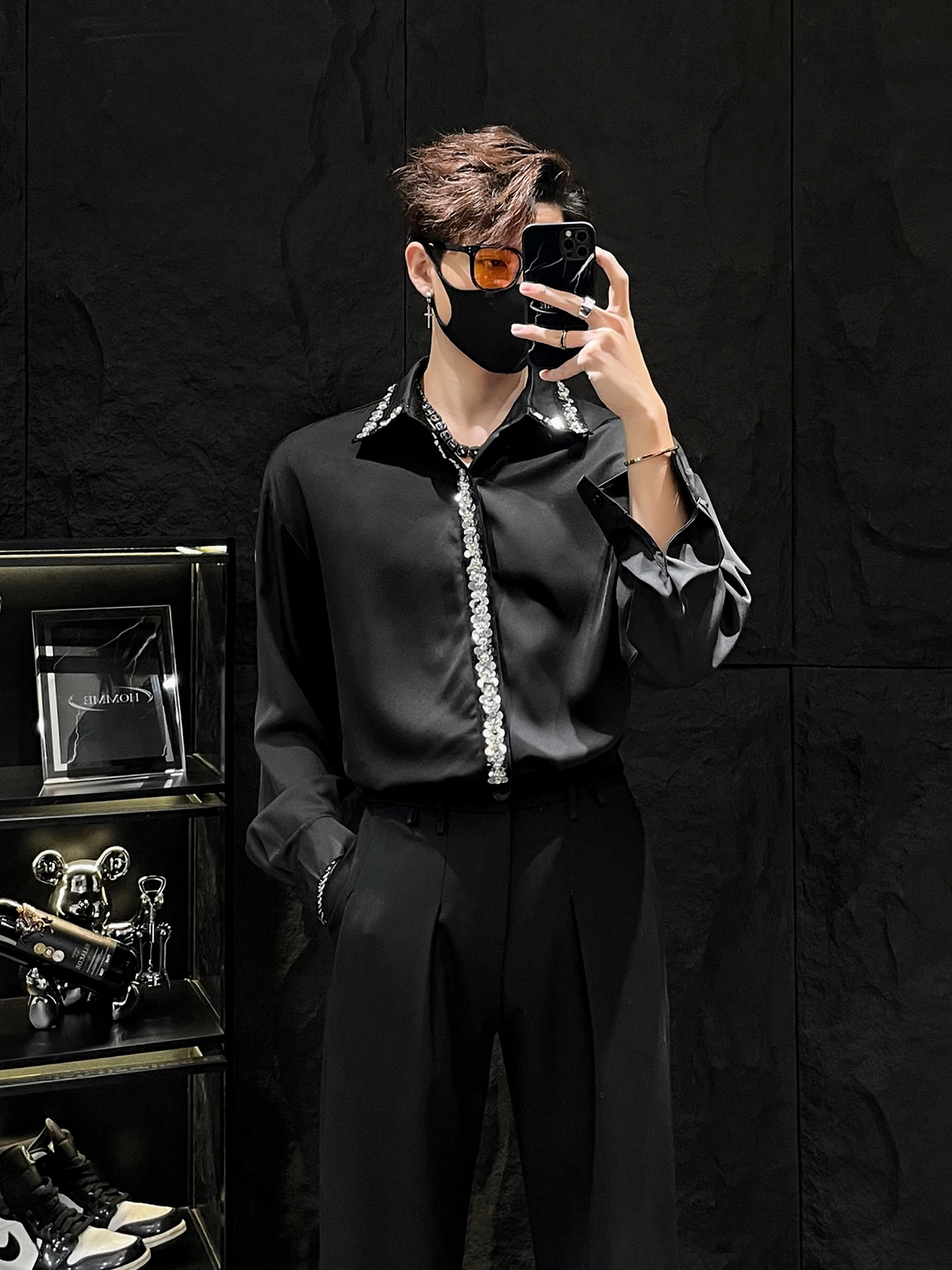 

Long Sve Men's irt HOMME Luxury Loose Fit Sequin Decorated Casual Faion Polyester Fiber No Ironing Required