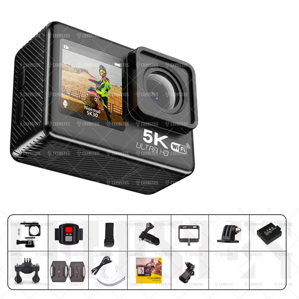 Caméra d'action CERASTES 5K 4K 60FPS WiFi Anti-secouement double écran 170 °   Caméra de sport étanc