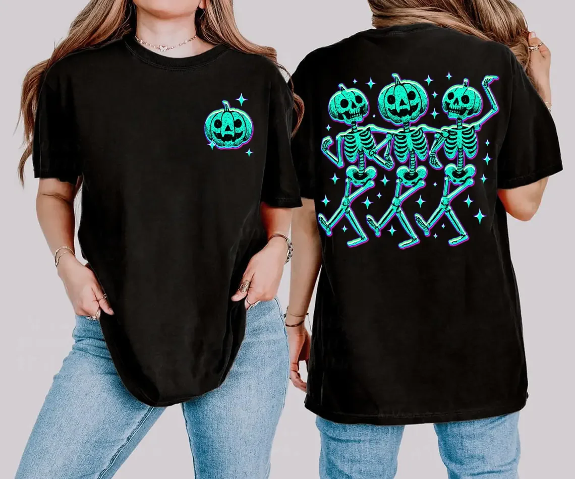

Neon Pumpkin Skeleton Halloween Shirt, Dancing Skeleton Pumpkin Tee, Spooky Hallowaeen Skeleton Shirt, Pumpkin T-Shirt