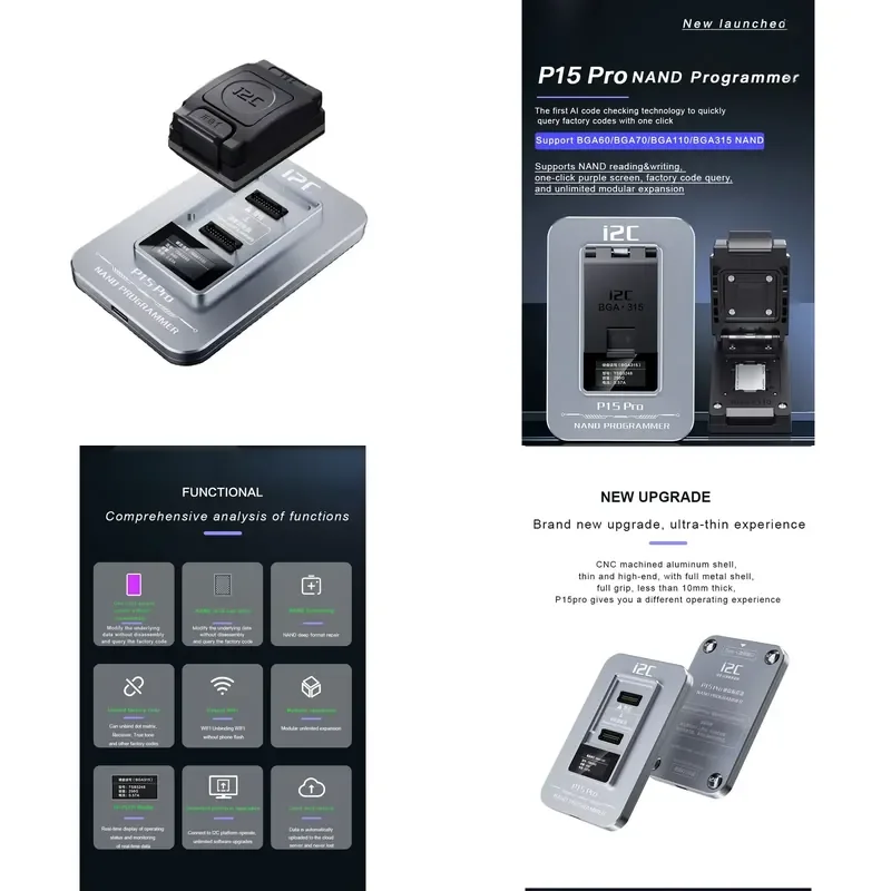 I2C P15 Pro BGA315 110 70 60 Nand Programmer for iPhone 6S to 15 Pro Max One Click DFU Purple Screen Nand Flash Hard Disk