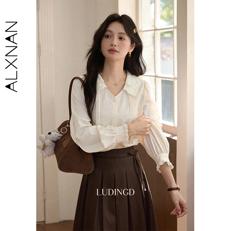 

ALXNAN рубашка с длинным рукавом абрикосового цвета с v-образным вырезом, элегантные повседневные женские блузки свободного покроя, осень 202, офисные женские рубашки, женские L56965