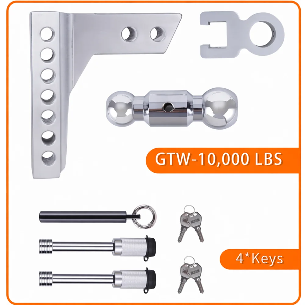 Adjustable Aluminum 6in Drop Rise Duty Truck GTW Traction Hook Receiver 2-inch 12,500lbs Capacity Double Adjustable Tow Hitches
