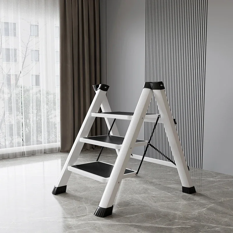 White Foldable Ladder Chair Carbon Steel High Step Stool Strong Load-Bearing Thickened Foldable Ladder for Kitchen