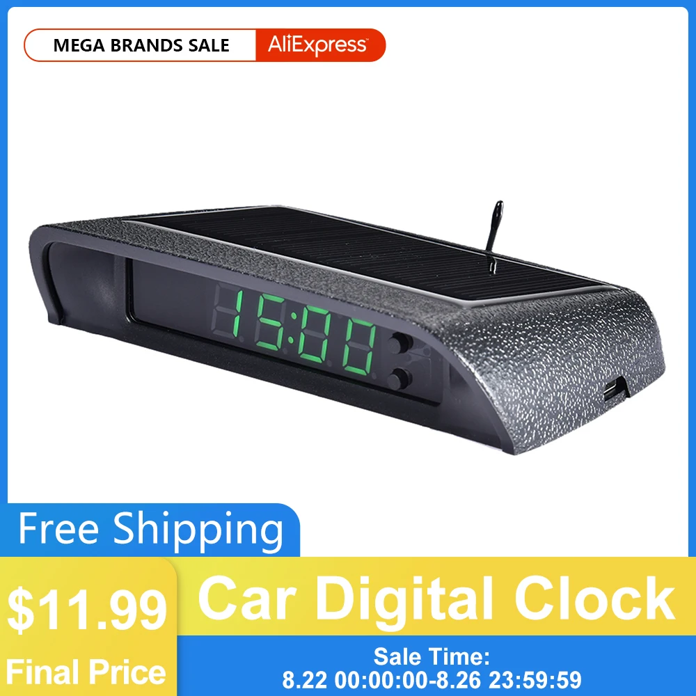 Car Clock Auto Internal Stick-On Digital Watch Solar Powered 24-Hour Car Clock With Built-in Battery Car Decoration Accessories