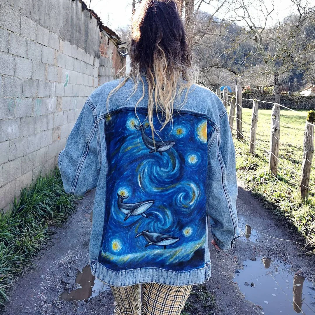 Jacketautumn Denim New Stylewomen's And Winter New Hot-Selling Street Graffiti Series Deep-Sea Fish Denim Jacket Women's Long-Sl